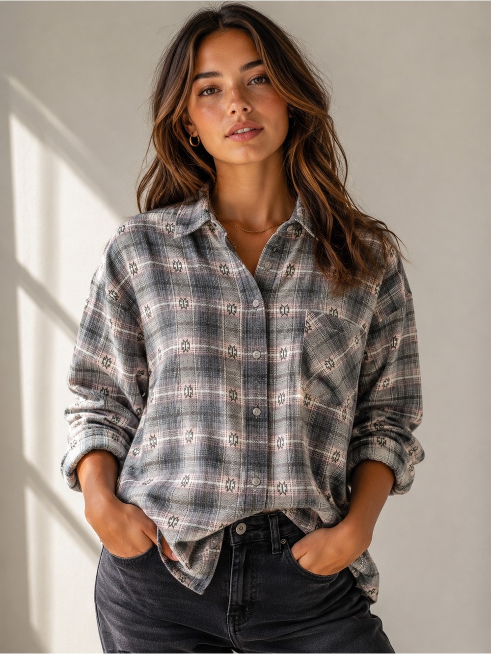 American Edition | Gray and Pink Button Down Shirt with Collared Neckline NWOT